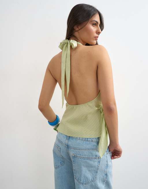 Topshop - Top verde con cuello halter, raya diplomática y cuello desbocado drapeado, 2 de 4