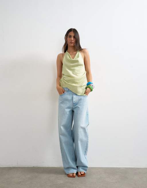 Topshop - Top verde con cuello halter, raya diplomática y cuello desbocado drapeado, 4 de 4
