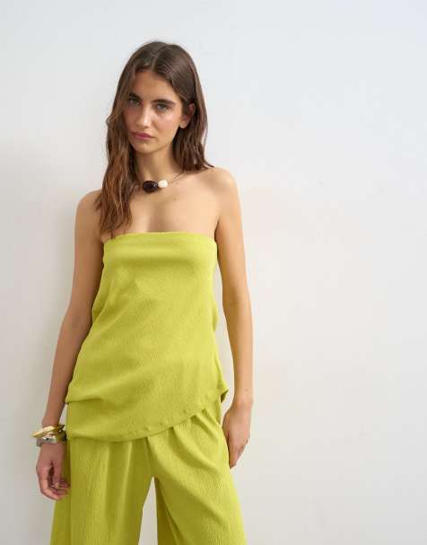 Topshop - Top verde con escote palabra de honor y detalle drapeado de tejido texturizado (parte de un conjunto) - view 1