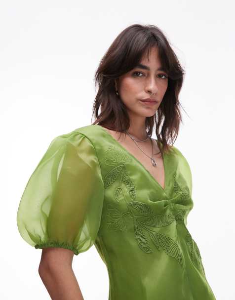 Topshop - Top verde ricamato con maniche a sbuffo in organza - view 1