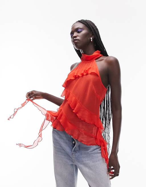 Topshop - Top volanté à encolure américaine - Rouge