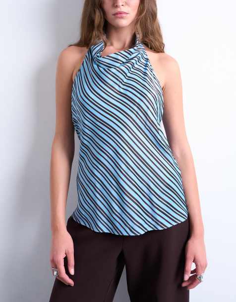 Topshop cowl neck halter top in blue and brown stripe