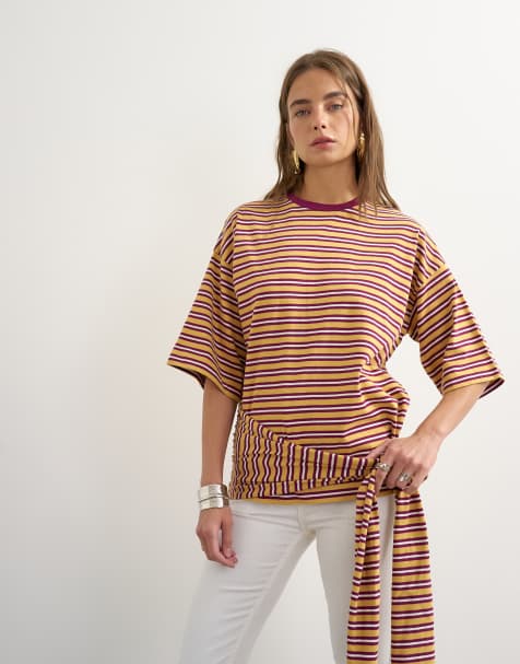 Topshop top w paski z kopertowym wiązaniem w talii w neutralnym kolorze - view 1