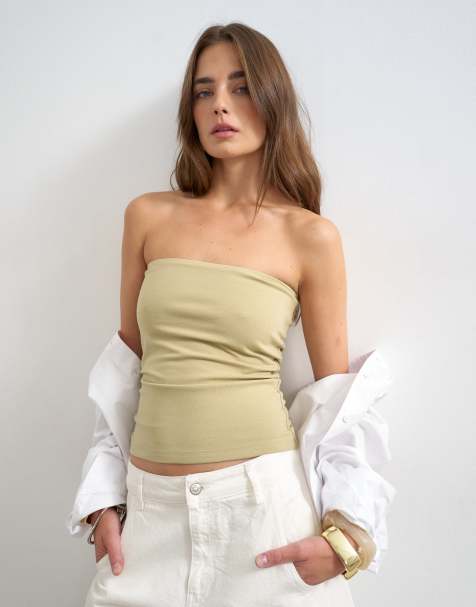 Topshop – Top z dekoltem bandeau w kolorze khaki - view 1