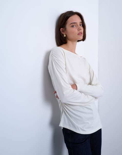 Topshop asymmetrical slash neck long sleeve top in off white