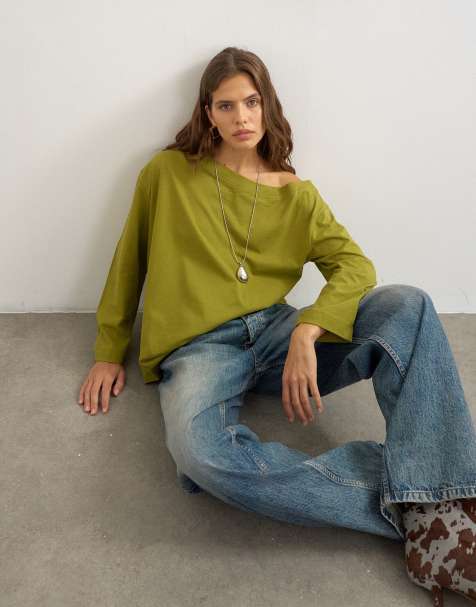 Topshop top z długim rękawem i obniżoną linią ramion w kolorze mchu - view 1