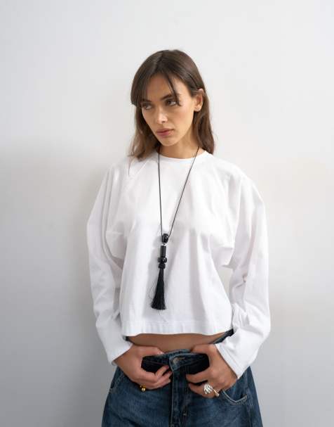 Topshop top z długim rękawem raglanowym ze ściąganym mankietem w kolorze ivory - view 1