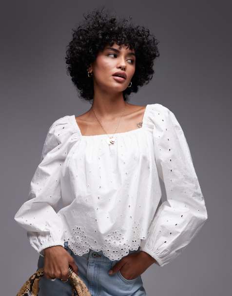 Topshop – Top z długim rękawem w kolorze kości słoniowej z ozdobnym ażurowym haftem - view 1
