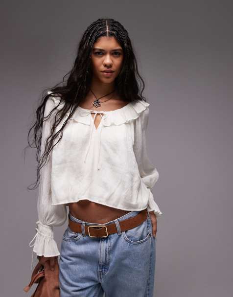 Topshop ruffle neck femme top in ivory