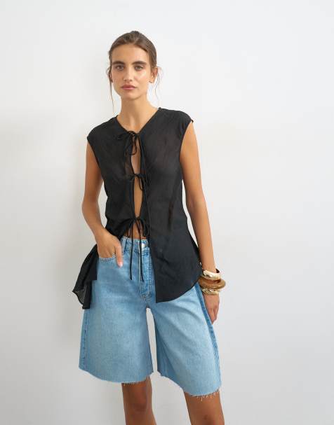 Topshop top z krótkim rękawem, asymetryczny, z wiązaniem, czarny - view 1