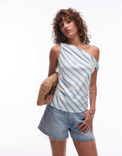Topshop linen twist shoulder top in blue and white stripe