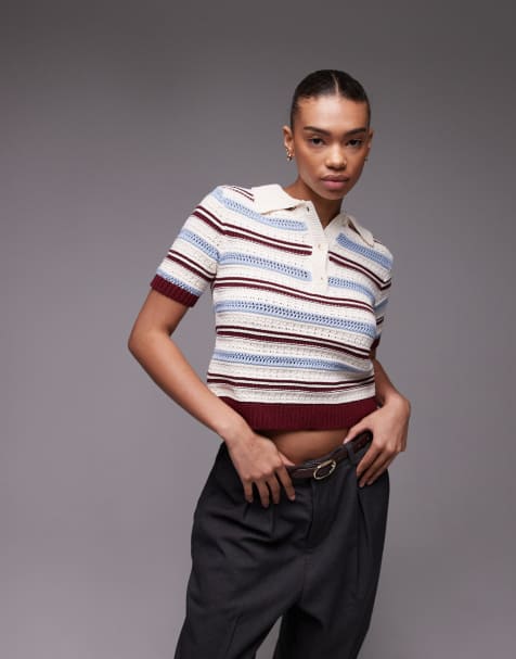 Topshop – Top z szydełkowej dzianiny w paski w kolorach bordowym, niebieskim i ecru - view 1