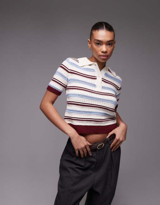 Topshop – Top z szydełkowej dzianiny w paski w kolorach bordowym, niebieskim i ecru