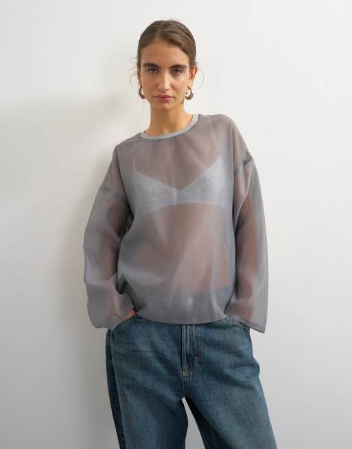 Topshop topp i organza med rund halsringning och oversize i grått, 2 av 4