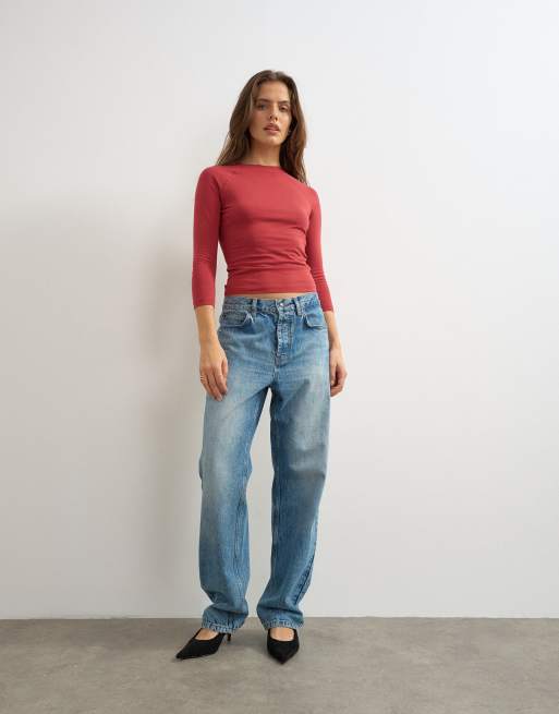 Topshop topp med korta raglanärmar i rött, 2 av 4