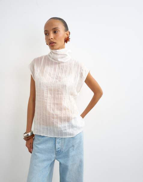 Topshop topp med ståkrage och utan ärmar i ivory-randig - view 1