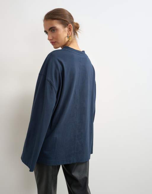 Topshop topp med v-ringning och långa ärmar i marinblått, 2 av 4