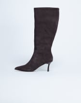 Topshop Tori real suede knee high point toe boot in chocolate