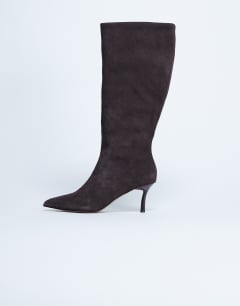 Tori real suede knee high point toe boot in chocolate