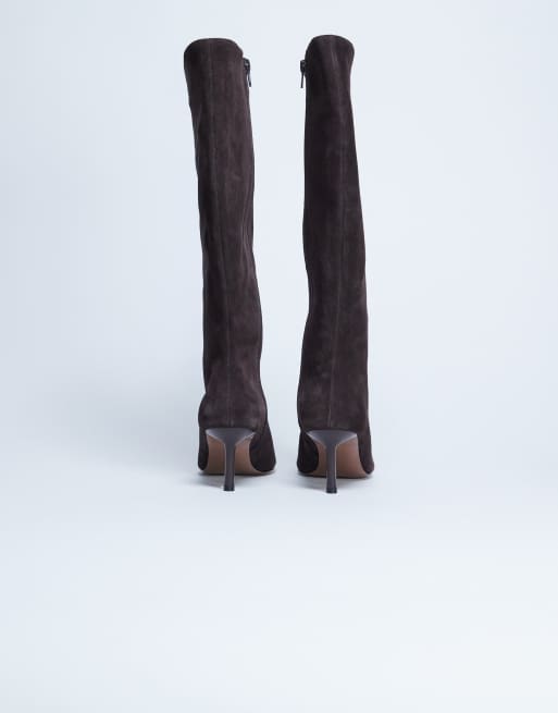 Topshop Tori real suede knee high point toe boot in chocolate, 3 of 4