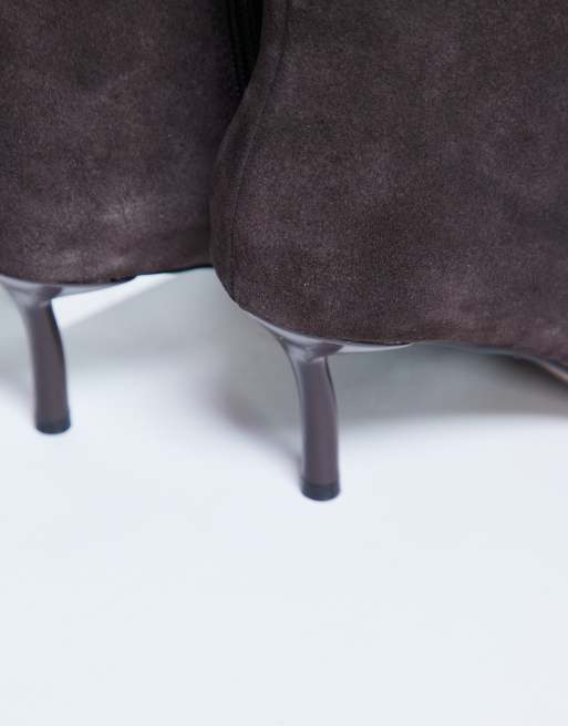 Topshop Tori real suede knee high point toe boots in chocolate
