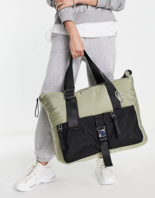 Topshop tote bag with mesh pocket in khaki - KHAKI | ASOS