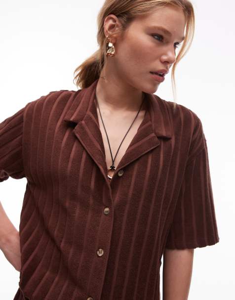 Topshop towelling boxy shirt in chocolate brown (part of a set) - view 1