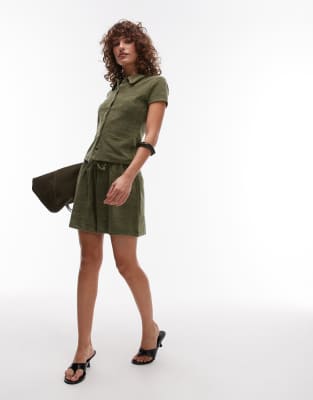 Topshop Towelling Drawcord Shorts In Green
