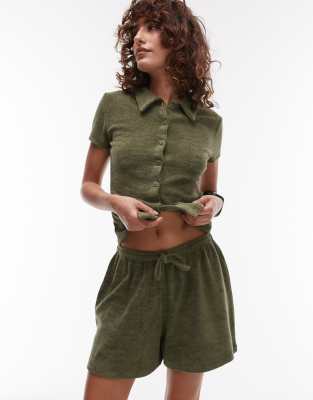Topshop Towelling Drawcord Shorts In Green