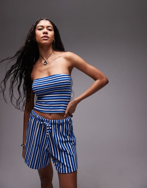 Topshop towelling stripe bandeau in blue (part of a set) - view 1