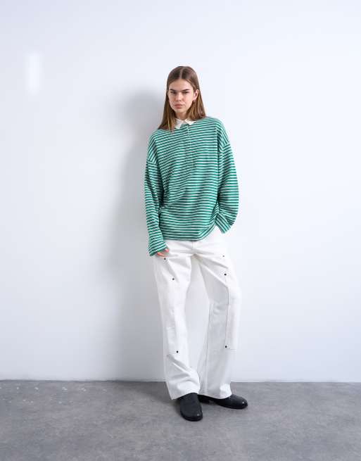 Topshop towelling stripe long sleeve polo in green, 4 of 4
