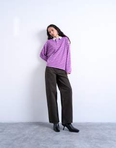 Towelling stripe oversized long sleeve polo in pink