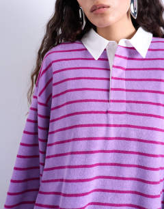Model wearing Towelling stripe oversized long sleeve polo in pink