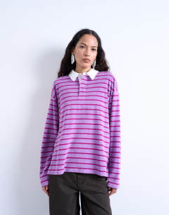Model wearing Towelling stripe oversized long sleeve polo in pink
