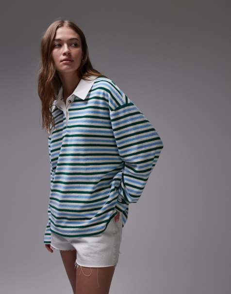 Topshop towelling stripe polo in blue and green - view 1