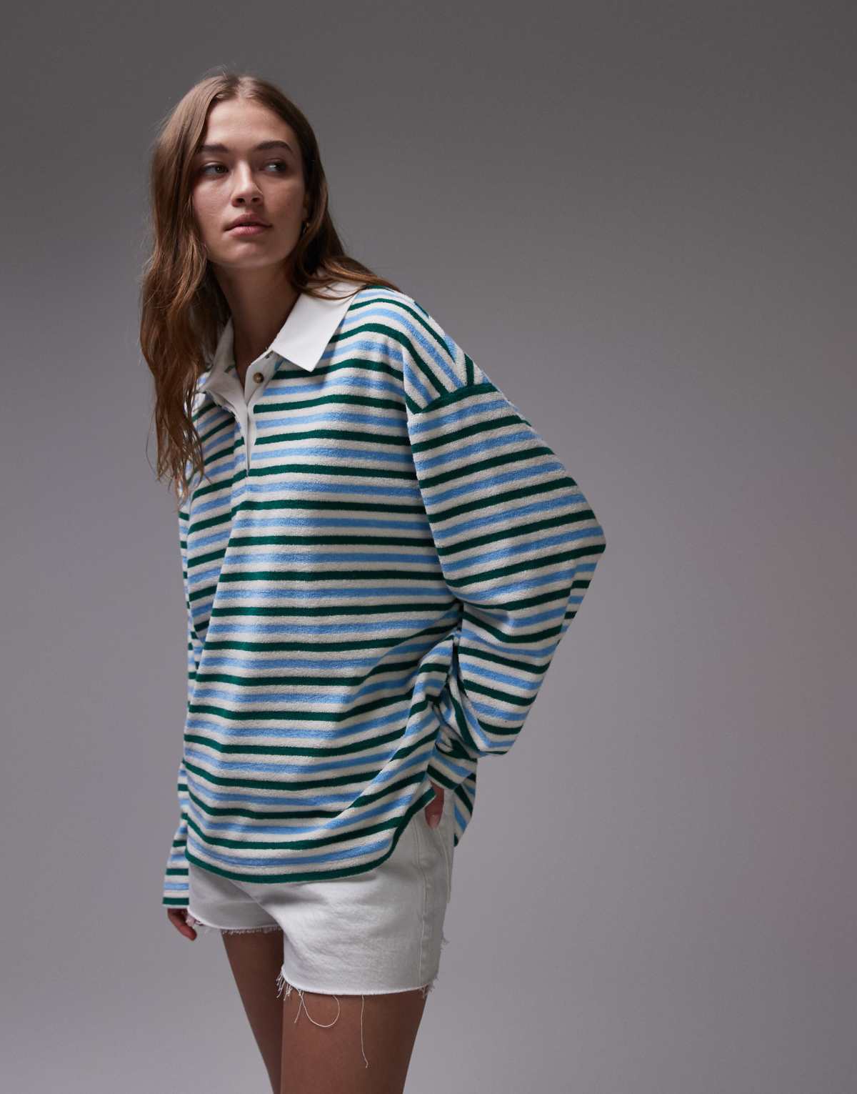 Topshop towelling stripe polo in blue and green