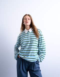 Towelling stripe polo in blue and green