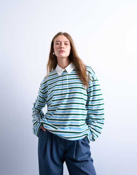 Topshop towelling stripe polo shirt in blue and green - view 1