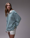 [Topshop] Topshop towelling stripe polo shirt in blue and green-White L Ecru