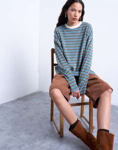 Towelling stripe skater tee in blue