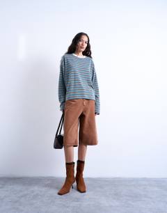 Model wearing Towelling stripe skater tee in blue