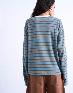 Model wearing Towelling stripe skater tee in blue