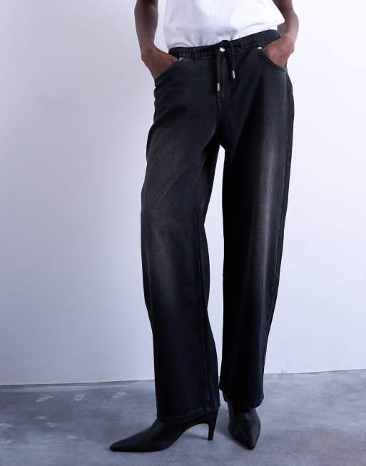 Topshop trackie jeans with drawcord in washed black, 2 of 5