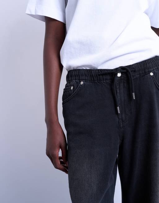 Topshop trackie jeans with drawcord in washed black, 4 of 5