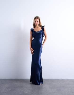 Topshop - Trägerkleid aus Satin in Marineblau mit gerüschten Trägern
