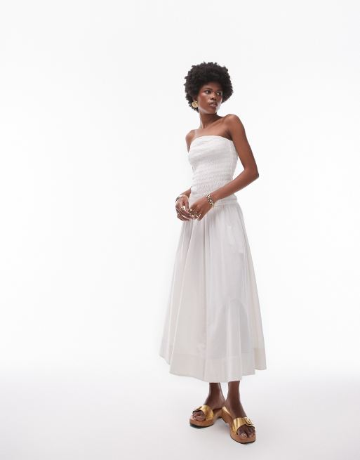 Topshop – Trägerloses, gesmoktes Midikleid in Elfenbein mit Streifen