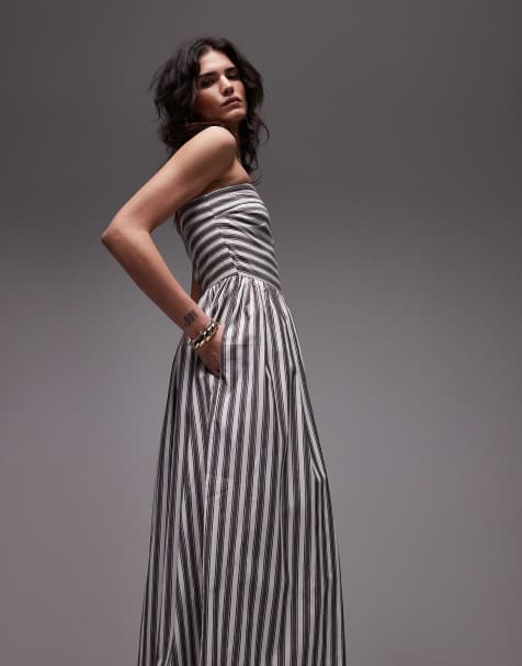Topshop – Trägerloses Kleid mit weitem Saum und gebleichtem Streifenmuster - view 1