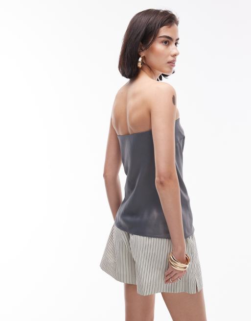 Topshop – Trägerloses Longline-Oberteil aus Satin in Anthrazit, 3 von 4