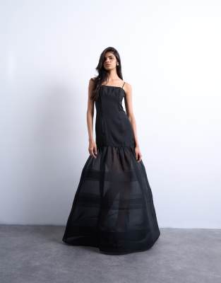 Topshop - Trägerloses Maxikleid in Schwarz mit transparentem, mehrlagigem und voluminösem Rock