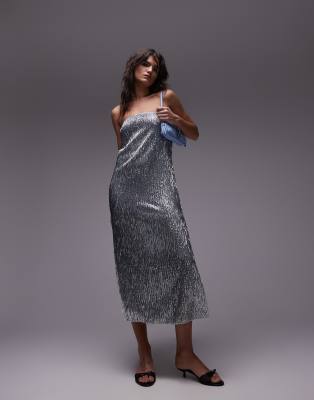 Topshop - Trägerloses Maxikleid in Silber mit Verzierung im Nadel-Design